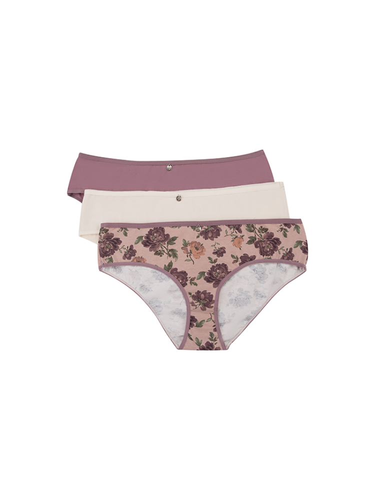Calzón Tipo Hipster Algodón Dama Paq X3 Morado Flores - Morado - Crema / L Calzón