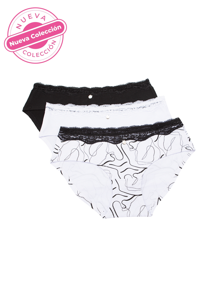 Calzón Tipo Hipster Algodón Dama Paq X3 Blanco Curvas - Blanco - Negro / M Calzón