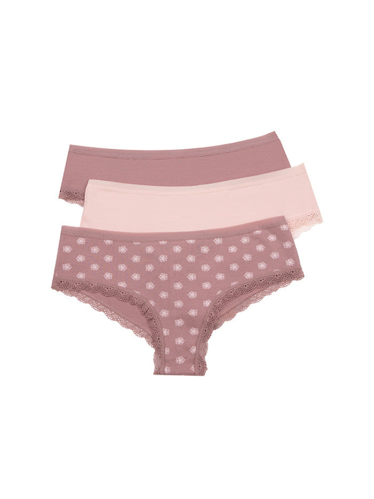 Calzón Hipster Algodón Con Encaje Paq X3 Rosa Estampado-Rosa-Beige Calzón