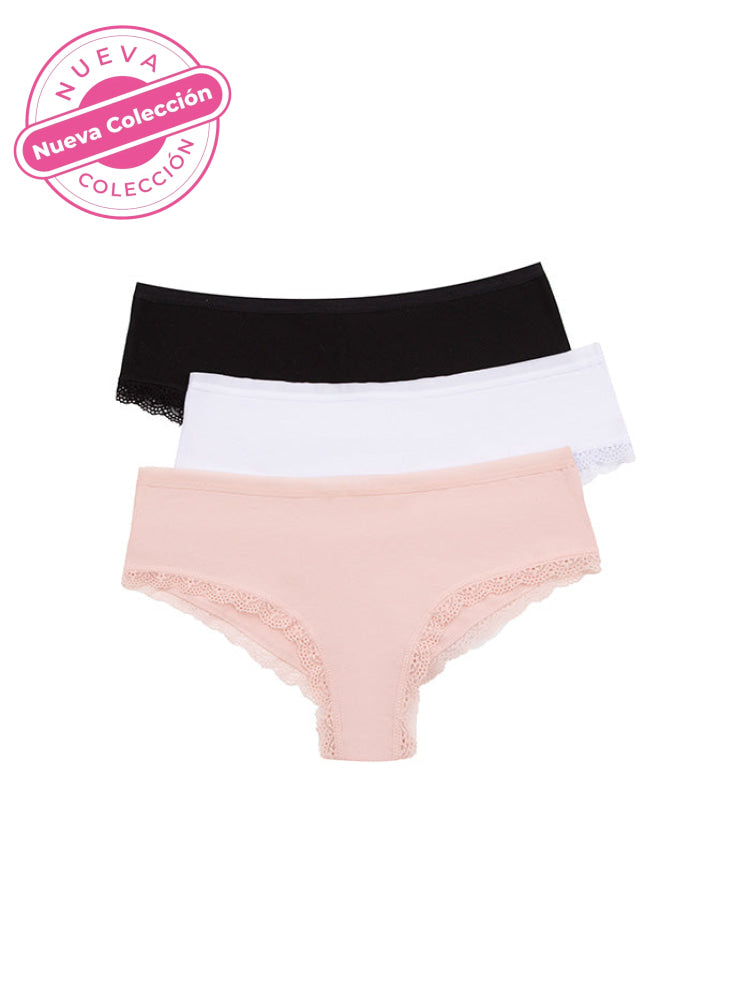 Calzón Hipster Algodón Con Encaje Paq X3 Negro-Blanco-Rosa Calzón