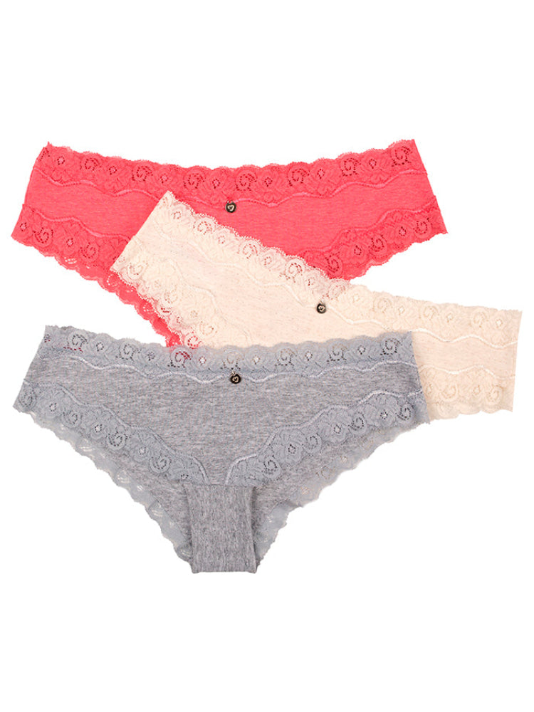 Calzón Algodón Con Encaje Paq X3 Rosado-Gris-Beige / L Calzón
