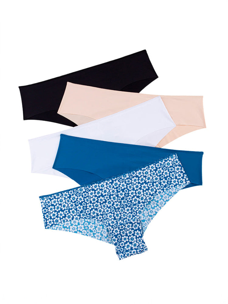 CALZÓN CORTE LÁSER PAQ X5 AZUL FLORES-AZUL-BEIGE-NEGRO-BLANCO