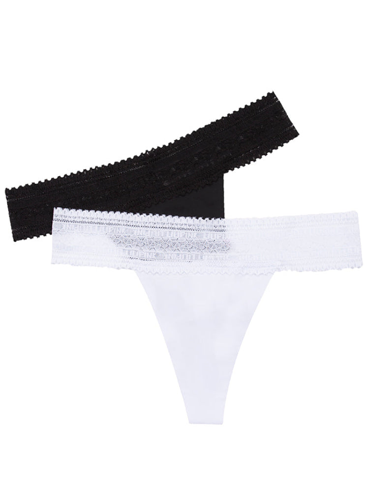 Calzón Tipo Tanga Corte Laser Con Encaje Paq X2 Blanco-Negro / M Calzón