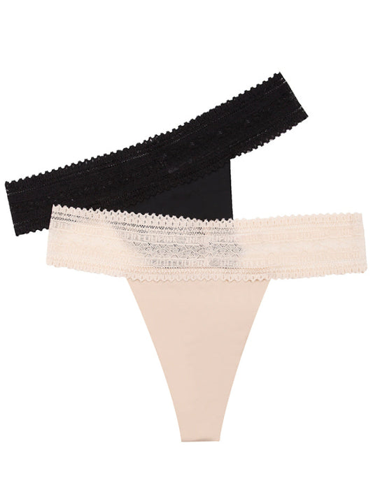 Calzón Tipo Tanga Corte Laser Con Encaje Paq X2 Beige-Negro / S Calzón