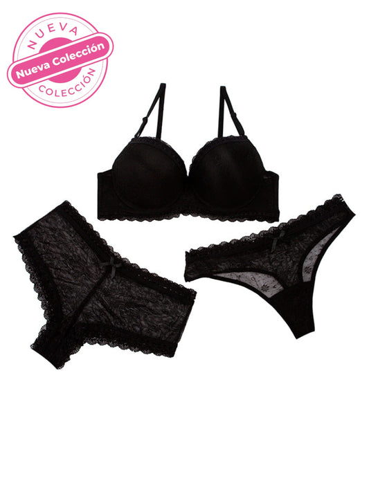 Conjunto Trio Bra-Cachetero-Brasilera Negro / 32B Conjunto