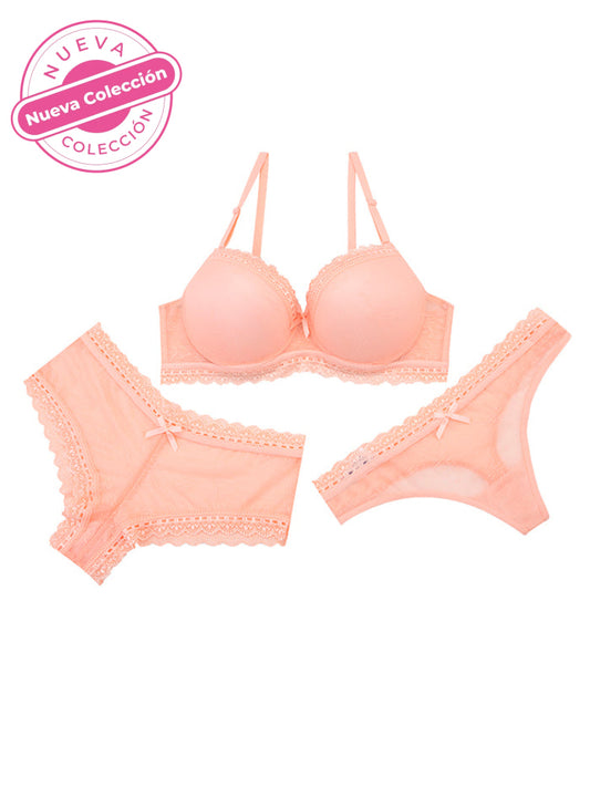 Conjunto Trio Bra-Cachetero-Brasilera Rosa / 38B Conjunto