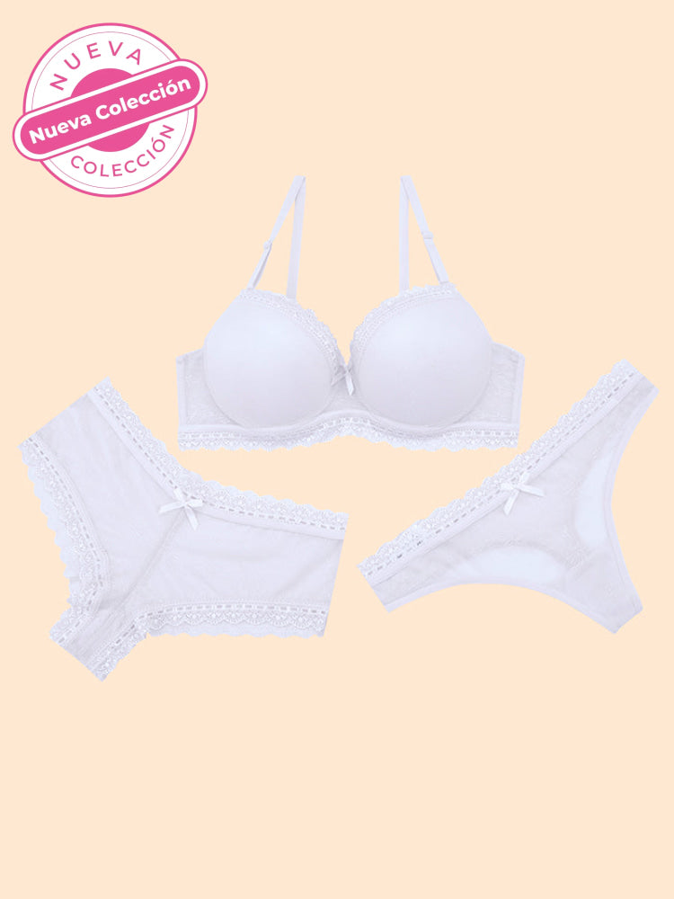 Conjunto Trio Bra-Cachetero-Brasilera Blanco / 36B Conjunto