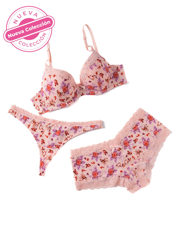 Conjunto Trio Bra - Boxer Brasilera Rosa Con Flores / 36/L Conjunto