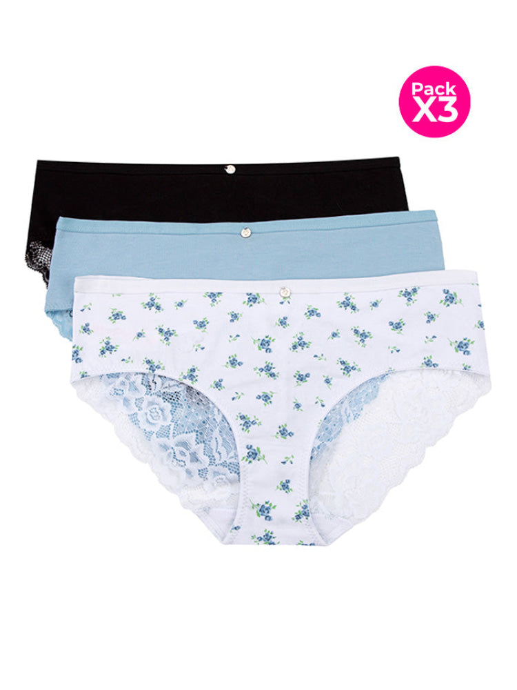 CALZÓN ALGODÓN CON ENCAJE PAQ X3 BLANCO CON FLORES-NEGRO-CELESTE