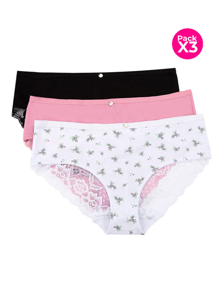 CALZÓN ALGODÓN CON ENCAJE PAQ X3 BLANCO CON FLORES-NEGRO-ROSA