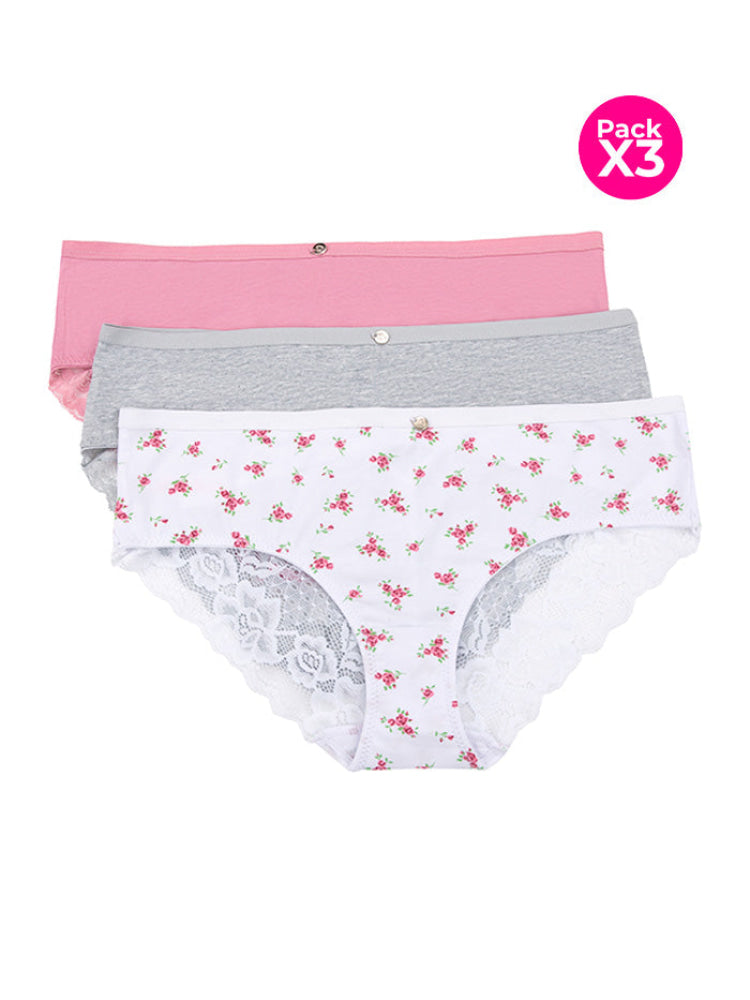 CALZÓN ALGODÓN CON ENCAJE PAQ X3 BLANCO CON FLORES ROSA-GRIS-ROSA