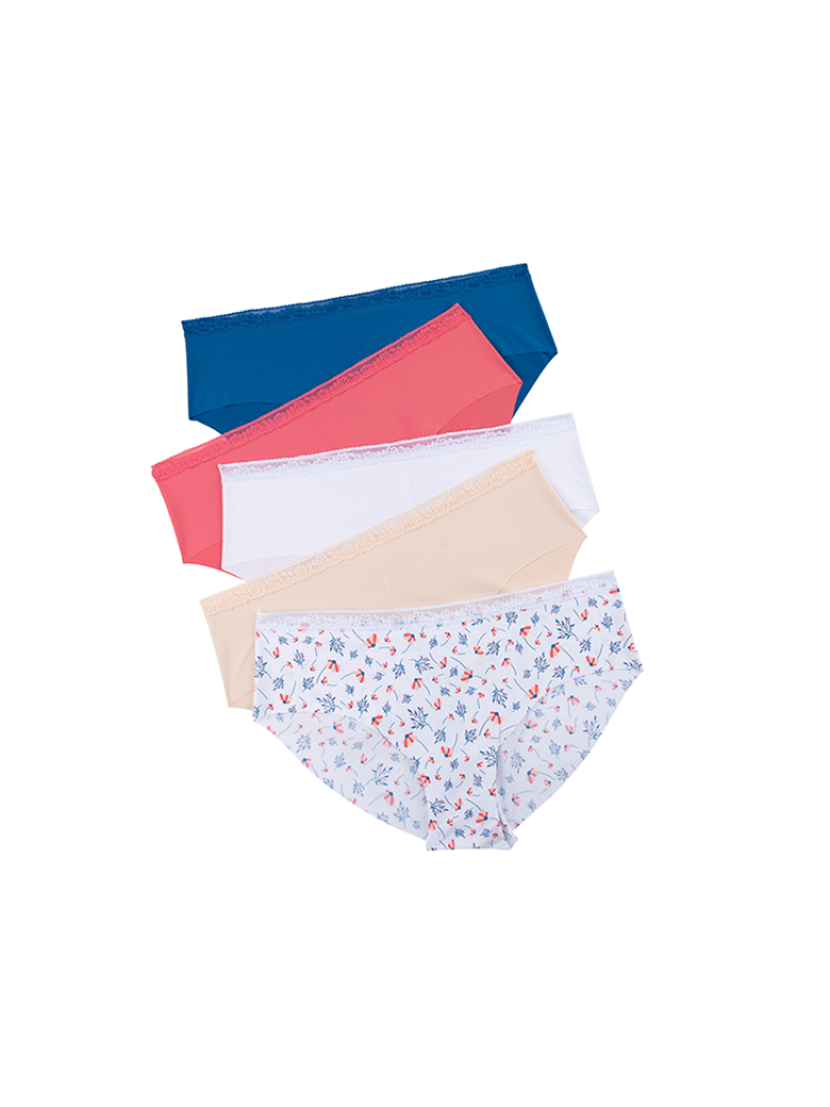 Calzón Corte Láser Con Encaje Paq X5 Blanco Flores-Terracota-Azul-Beige-Blanco / M Calzón