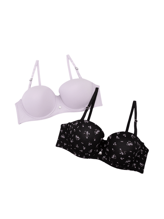 BRASIER STRAPLESS NYLON PACK X2 NEGRO FLORES-LILA