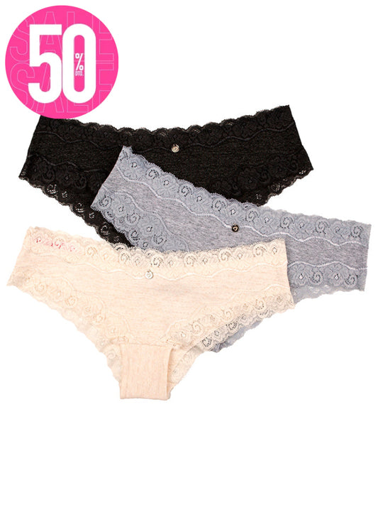 Calzón Algodón Con Encaje Paq X3 Gris-Beige-Gris Oscuro / S Calzón