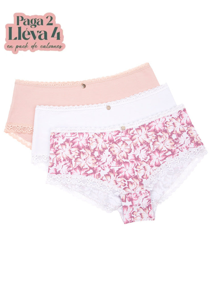CALZÓN ALGODÓN BASIC ROSADO CON FLORES-ROSA-BLANCO PAQ X3