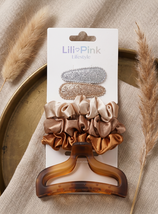 SET HEBILLAS X2 + SCRUNCHIES X3 + CAIMAN NUDE