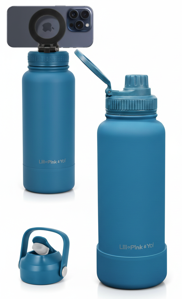 TERMO DE ACERO INOXIDABLE CON SOPORTE PARA CELULAR 2 EN 1 AZUL 950ML