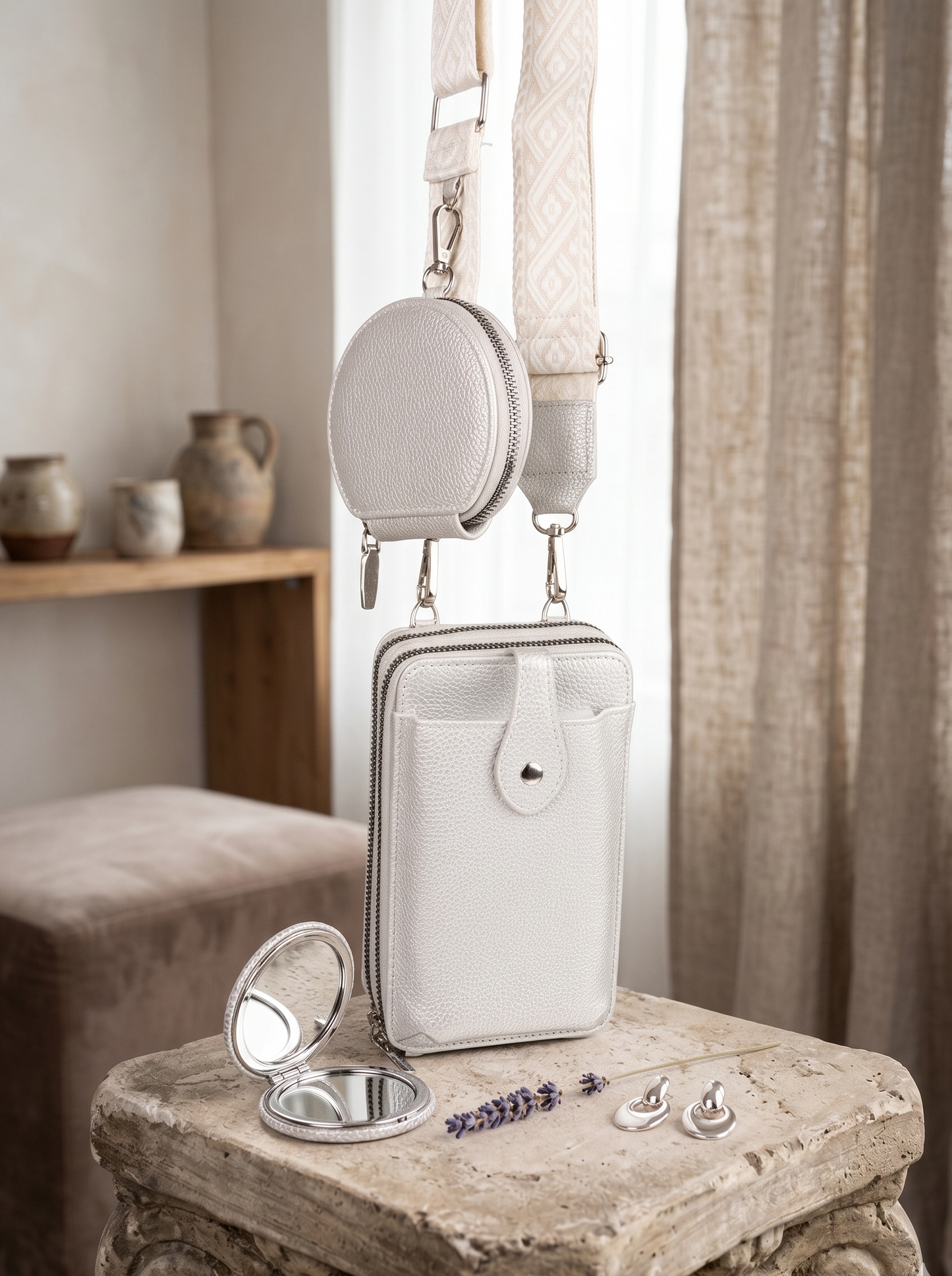 BOLSO CELULAR & BILLETERA MODA GRIS