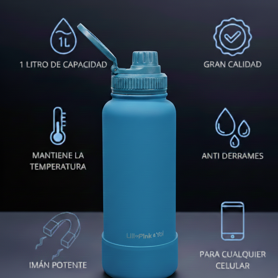 TERMO DE ACERO INOXIDABLE CON SOPORTE PARA CELULAR 2 EN 1 AZUL 950ML
