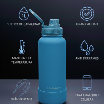 TERMO DE ACERO INOXIDABLE CON SOPORTE PARA CELULAR 2 EN 1 AZUL 950ML