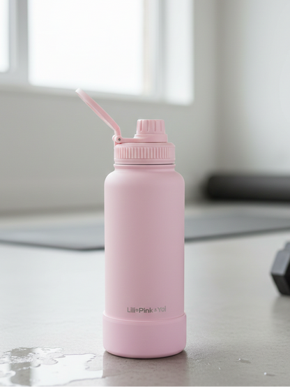 TERMO DE ACERO INOXIDABLE CON SOPORTE PARA CELULAR 2 EN 1 ROSA 950ML