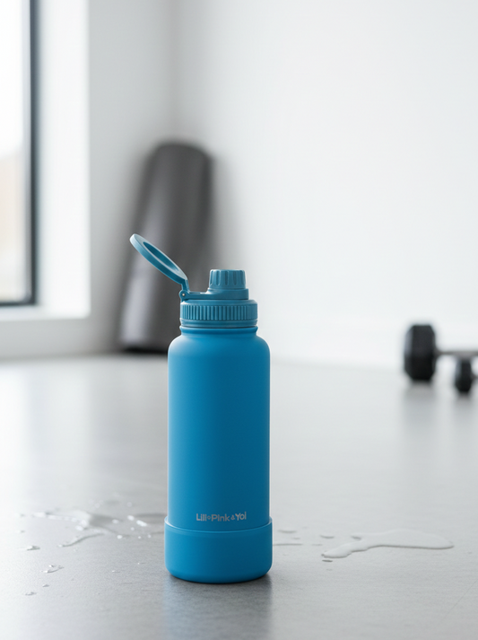 TERMO DE ACERO INOXIDABLE CON SOPORTE PARA CELULAR 2 EN 1 AZUL 950ML