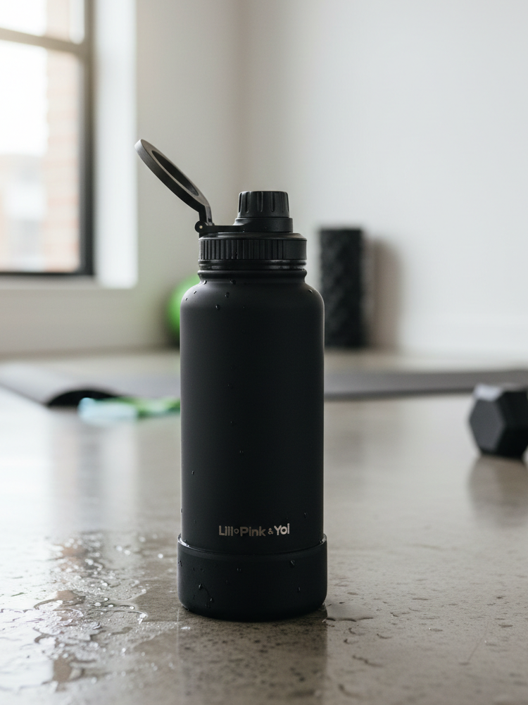 TERMO DE ACERO INOXIDABLE CON SOPORTEPARA CELULAR 2 EN 1 NEGRO 950ML