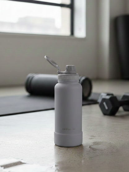 TERMO DE ACERO INOXIDABLE CON SOPORTEPARA CELULAR 2 EN 1 GRIS 950ML