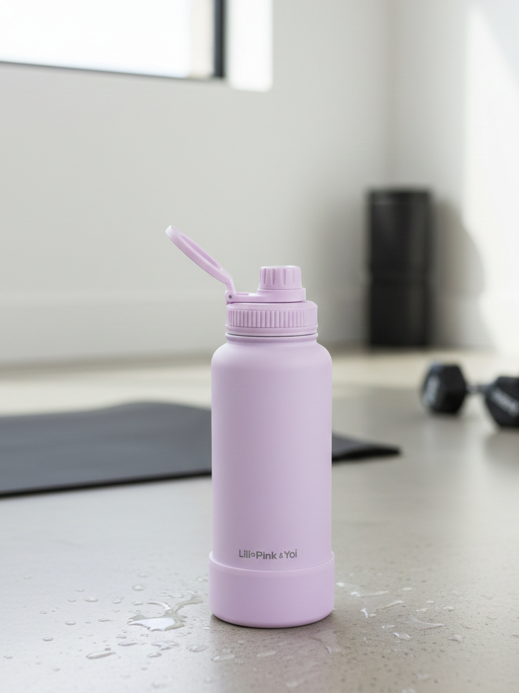 TERMO DE ACERO INOXIDABLE CON SOPORTE PARA CELULAR 2 EN 1 MORADO 950ML