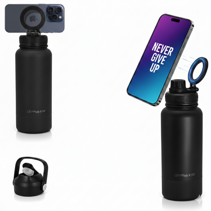 TERMO DE ACERO INOXIDABLE CON SOPORTEPARA CELULAR 2 EN 1 NEGRO 950ML