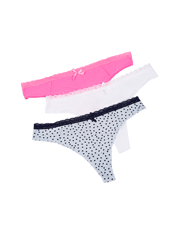 Calzón Algodón Tipo Brasilera Paq X3 Blanco-Rosa-Gris Corazones / L Calzón