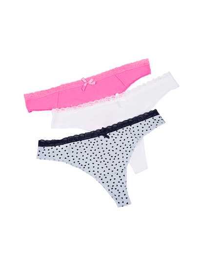 Calzón Algodón Tipo Brasilera Paq X3 Blanco-Rosa-Gris Corazones / L Calzón
